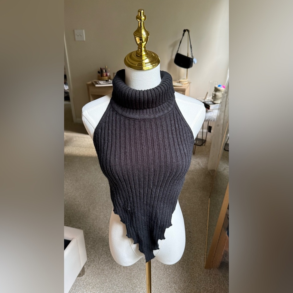 Black Ribbed Turtleneck Sweater Backless Crop Top